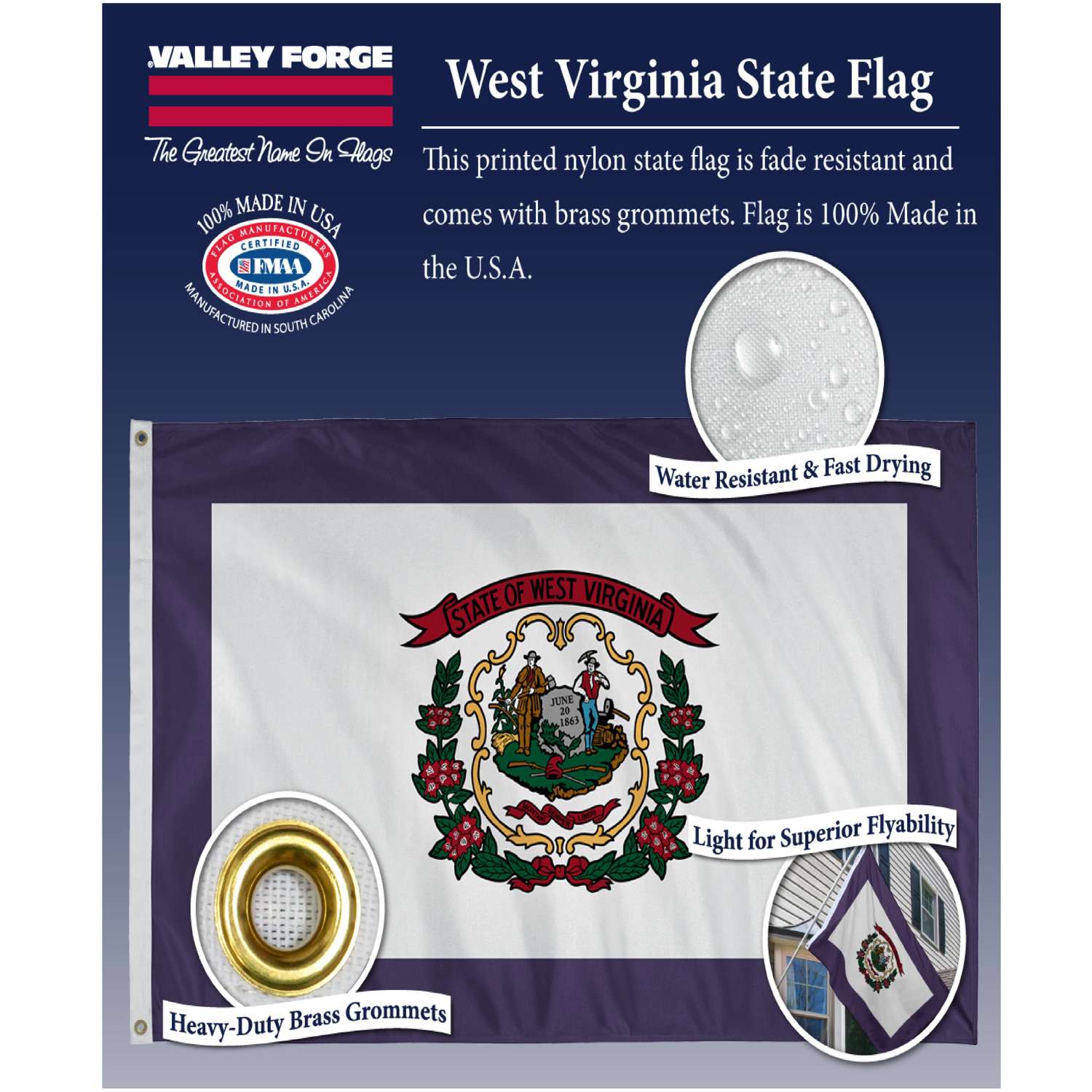  Valley Forge West Virginia State Flag 36 In. H X 60 In. W