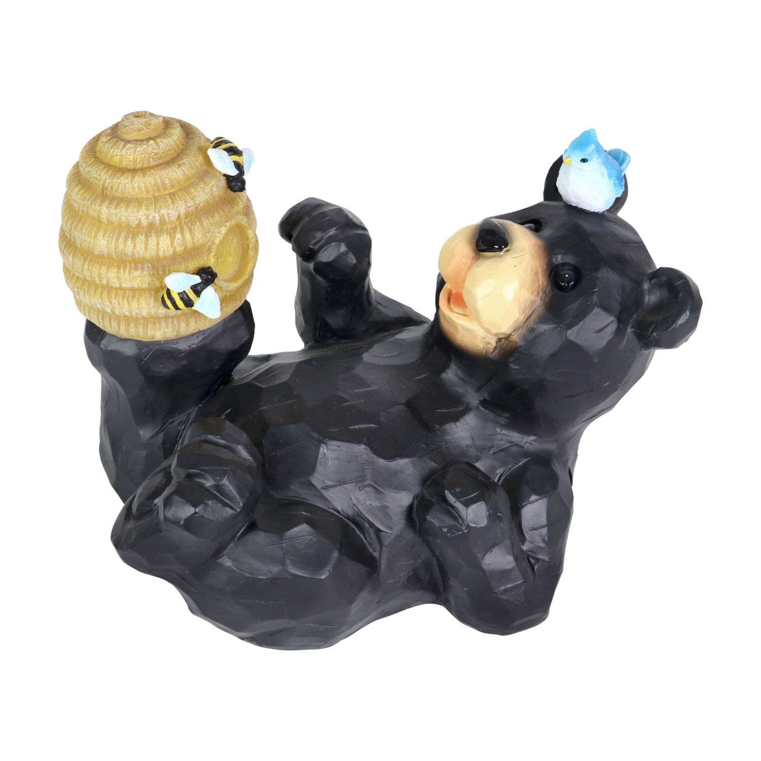  Exhart WindyWings Resin Black/Yellow 7.5 In. Bear Playing With An Illuminating Bee Hive Statue