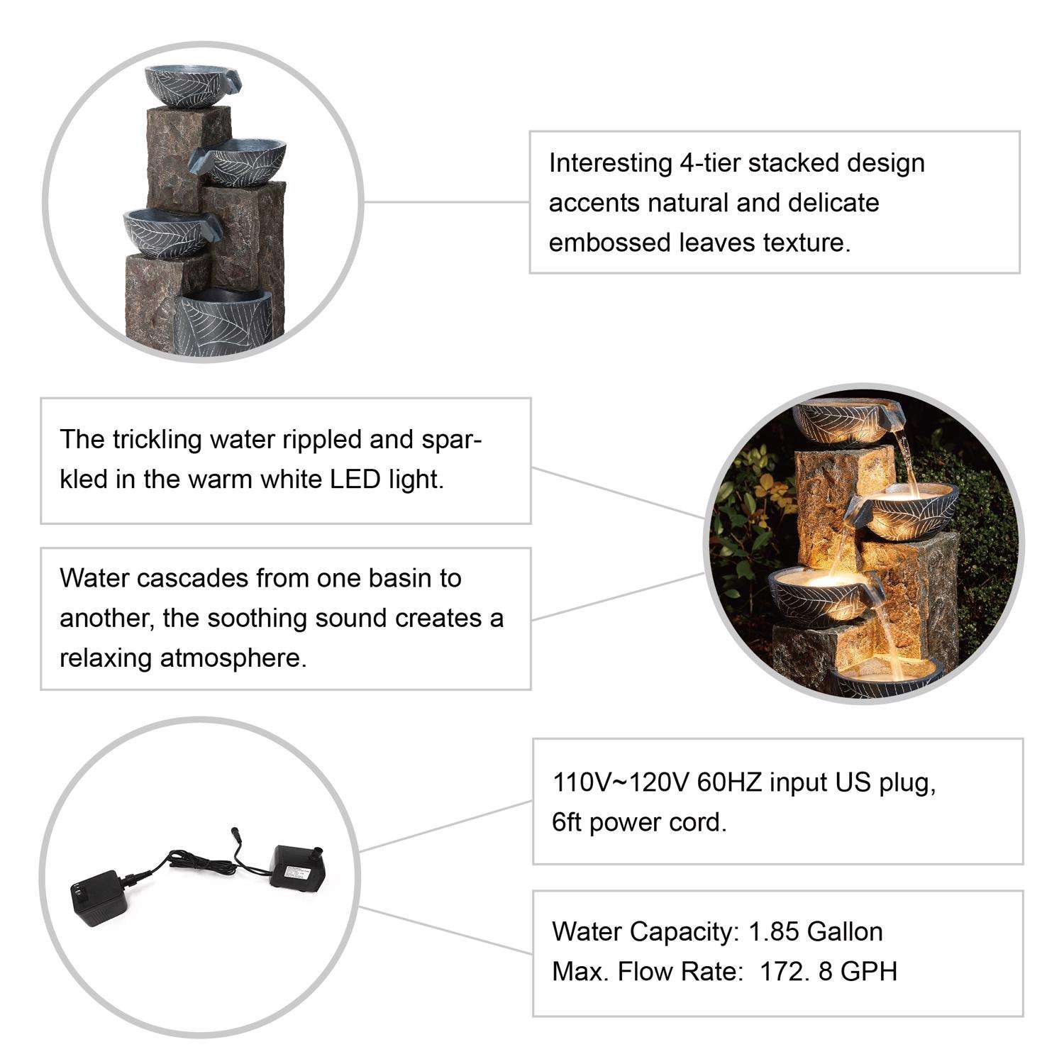  Glitzhome Resin Gray 32.75 In. H Natural Leaf Textured Outdoor Fountain