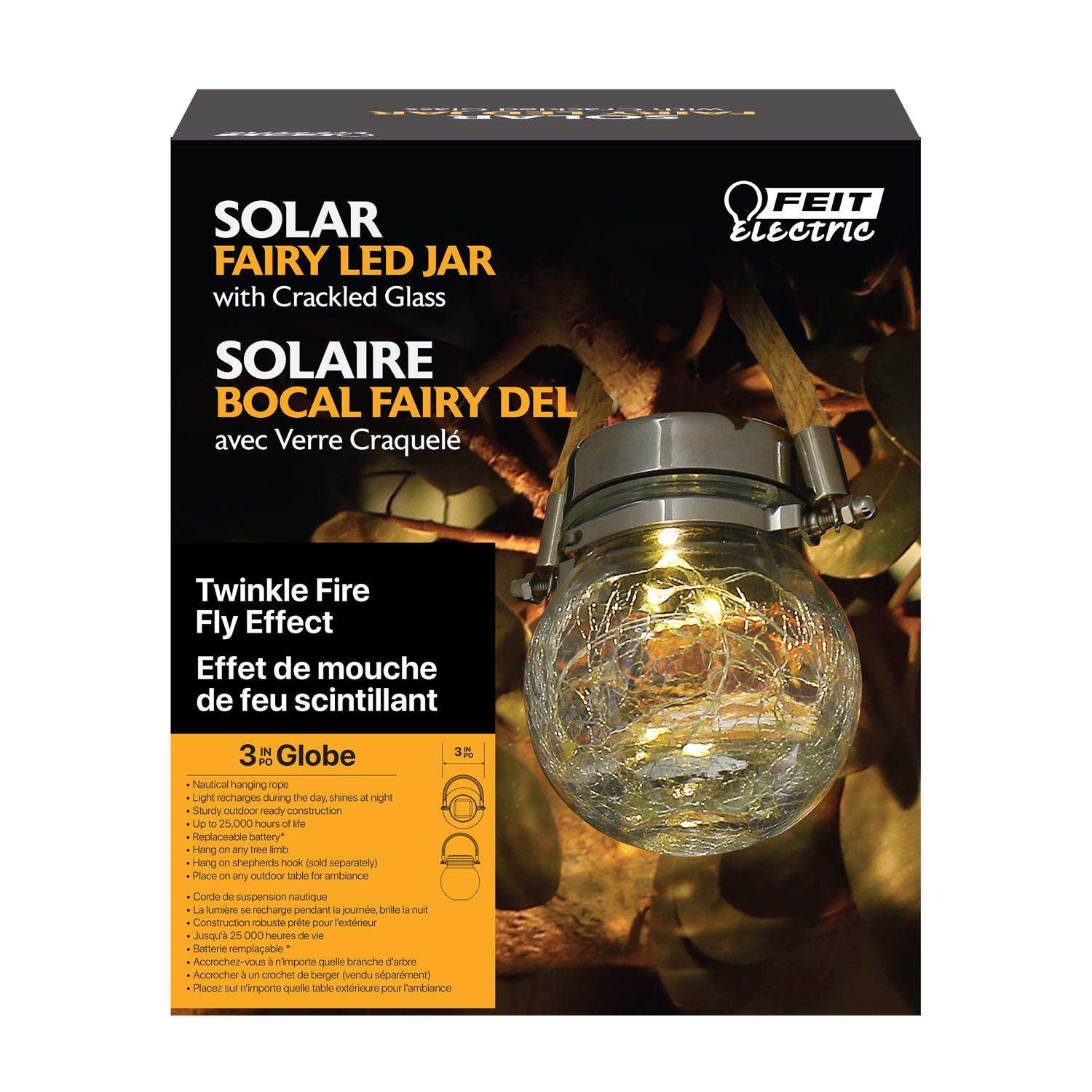  Feit Solar Fixtures 3.7 In. Solar Power Glass Round Coach Lantern Crackle Jar W/Fairy Lights Clear