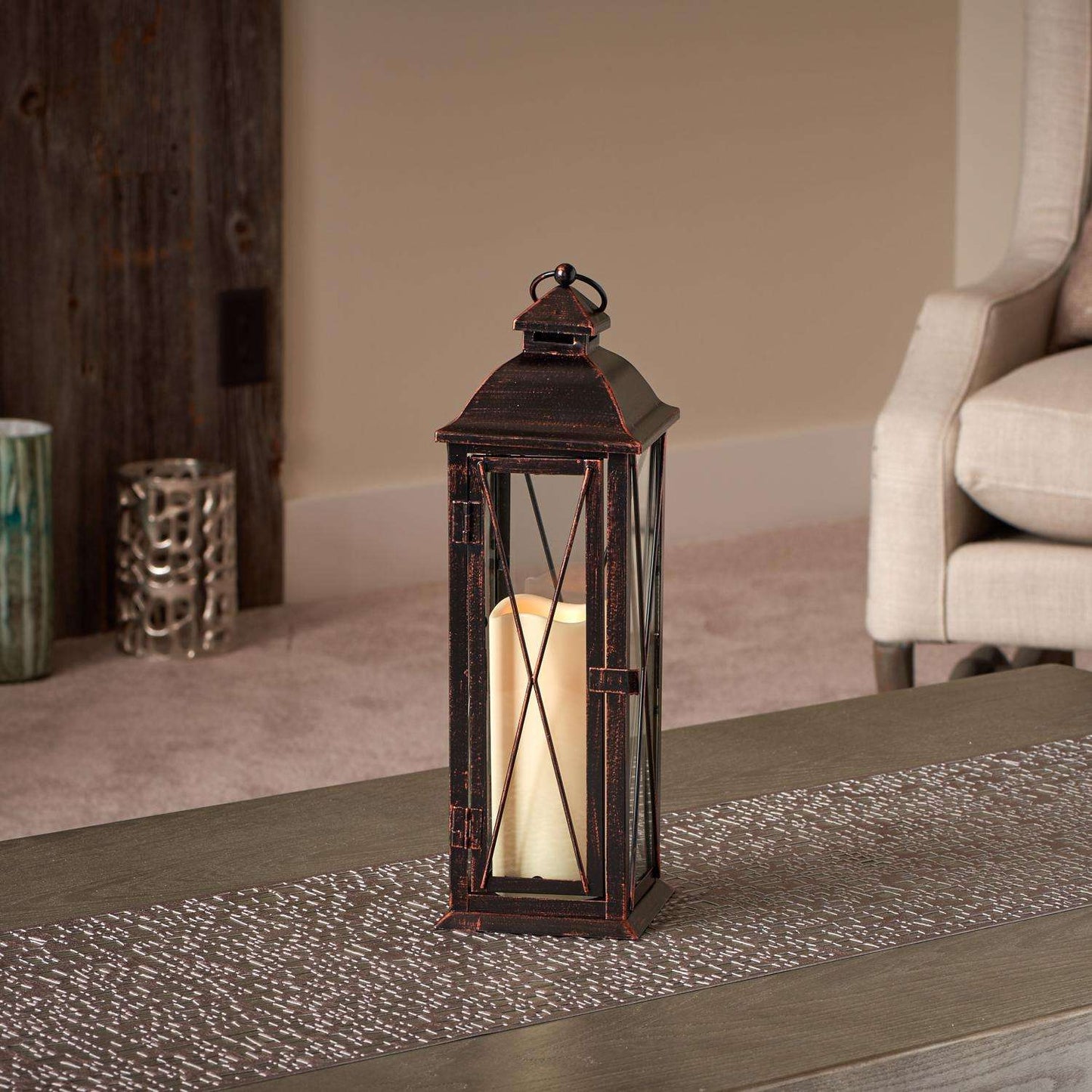  Smart Living 16 In. Glass/Metal Siena LED Candle Lantern Bronze