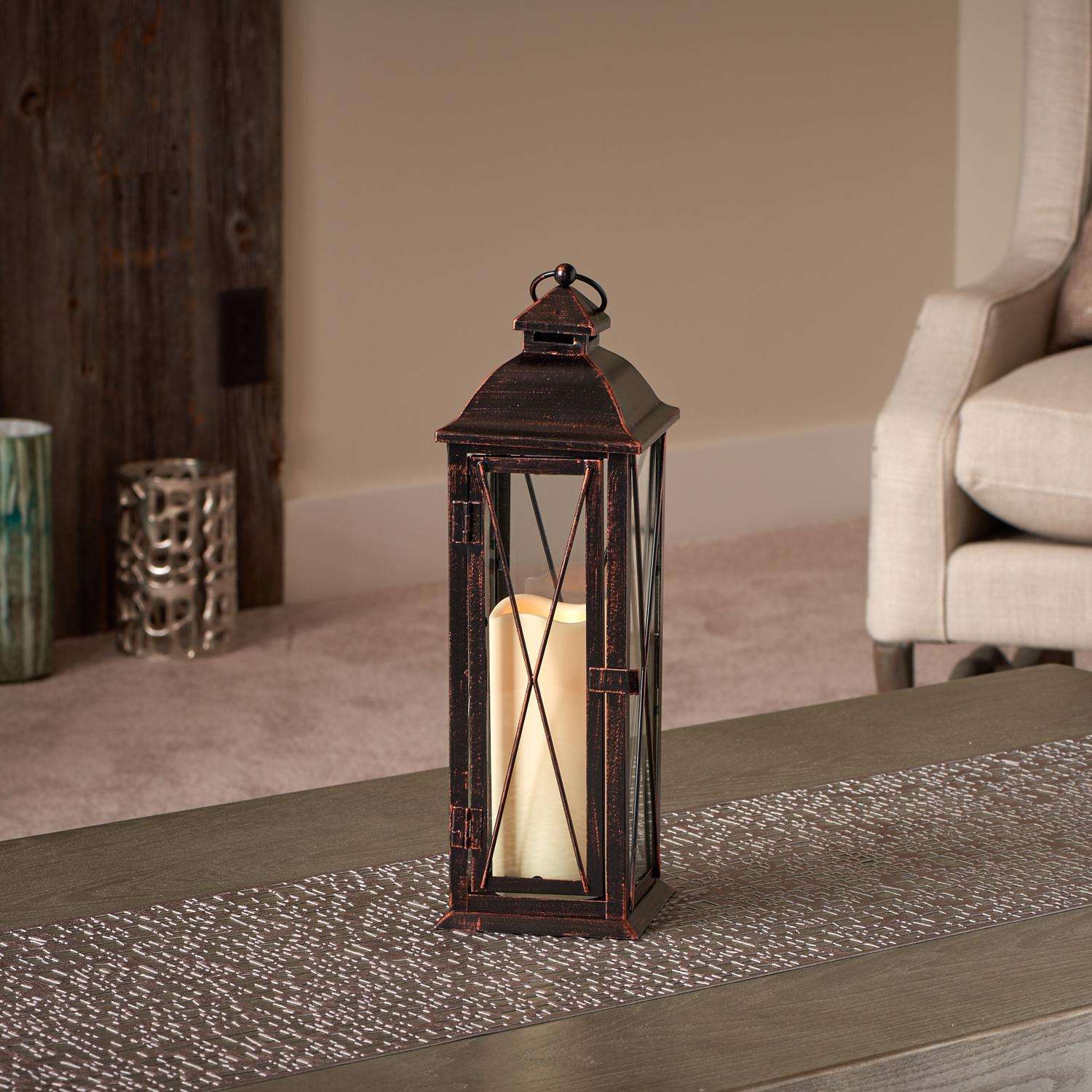  Smart Living 16 In. Glass/Metal Siena LED Candle Lantern Bronze