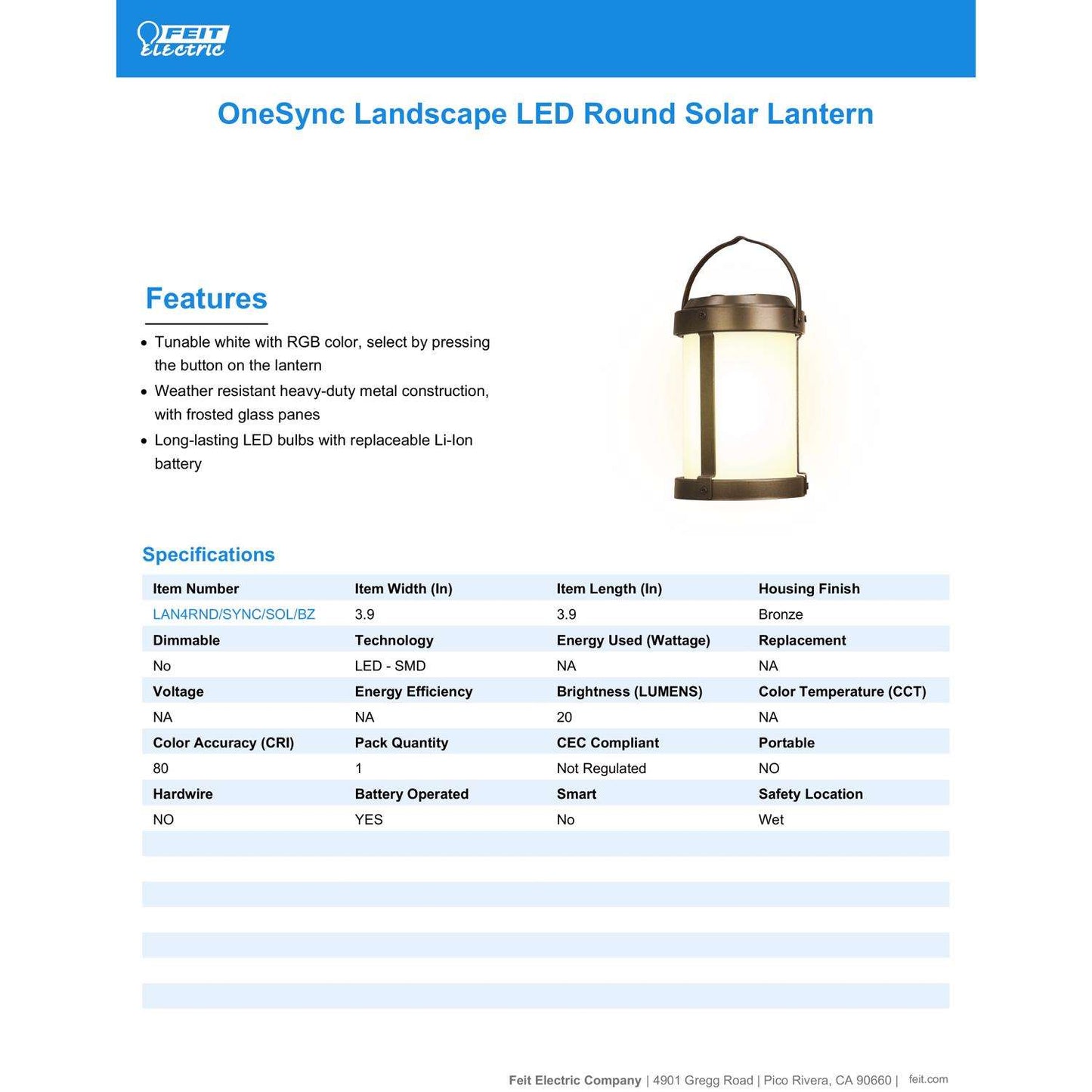  Feit Smart Home 4 In. Solar Power Metal Round Hanging Lantern Bronze