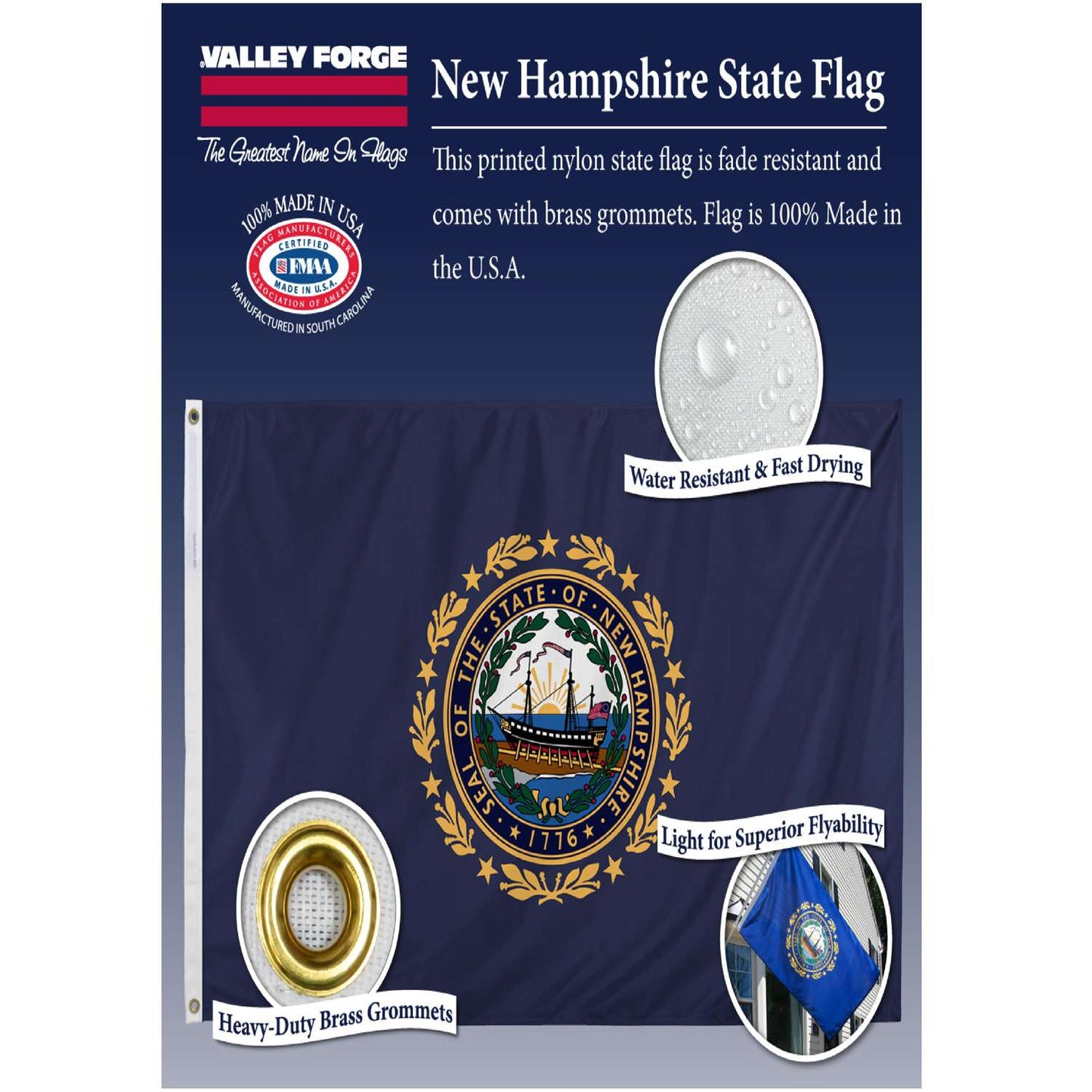  Valley Forge New Hampshire State Flag 36 In. H X 60 In. W