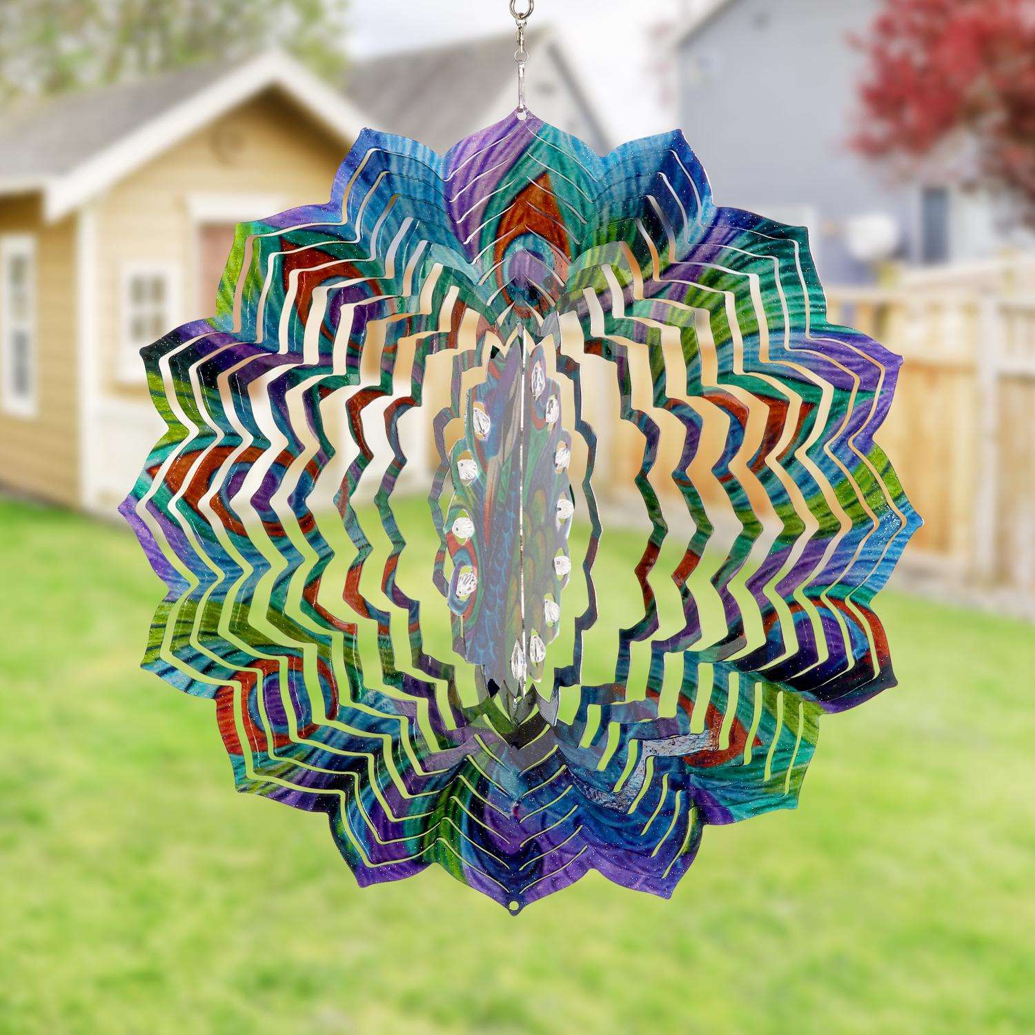  Exhart WindyWings Multicolored Metal 12 In. H Laser Cut Peacock With Bead Details Wind Spinner