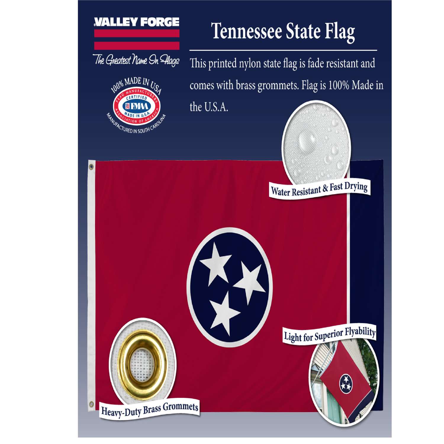  Valley Forge Tennessee State Flag 36 In. H X 60 In. W
