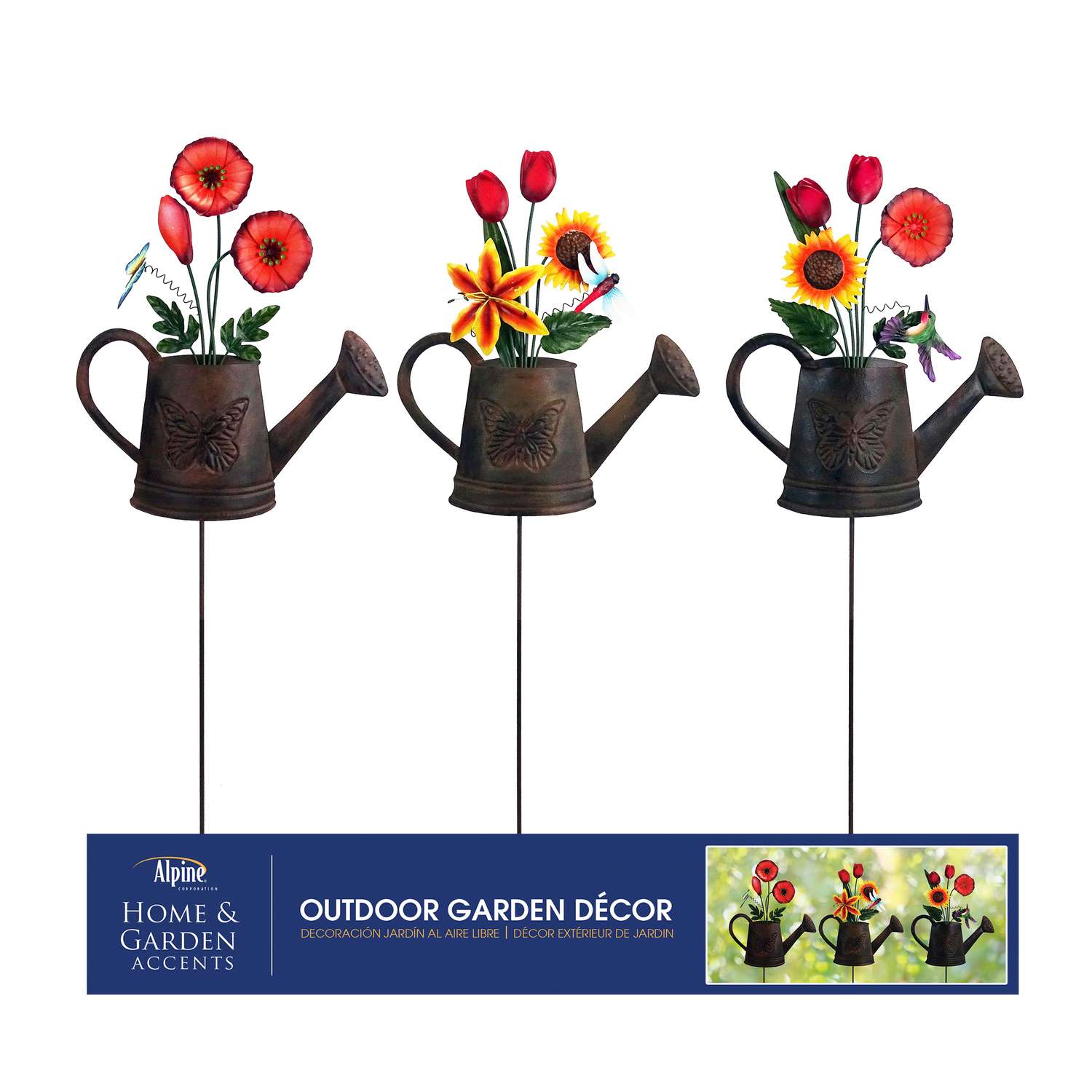  Alpine Multicolored Metal 36 In. H Watering Can With Flowers Outdoor Garden Stake
