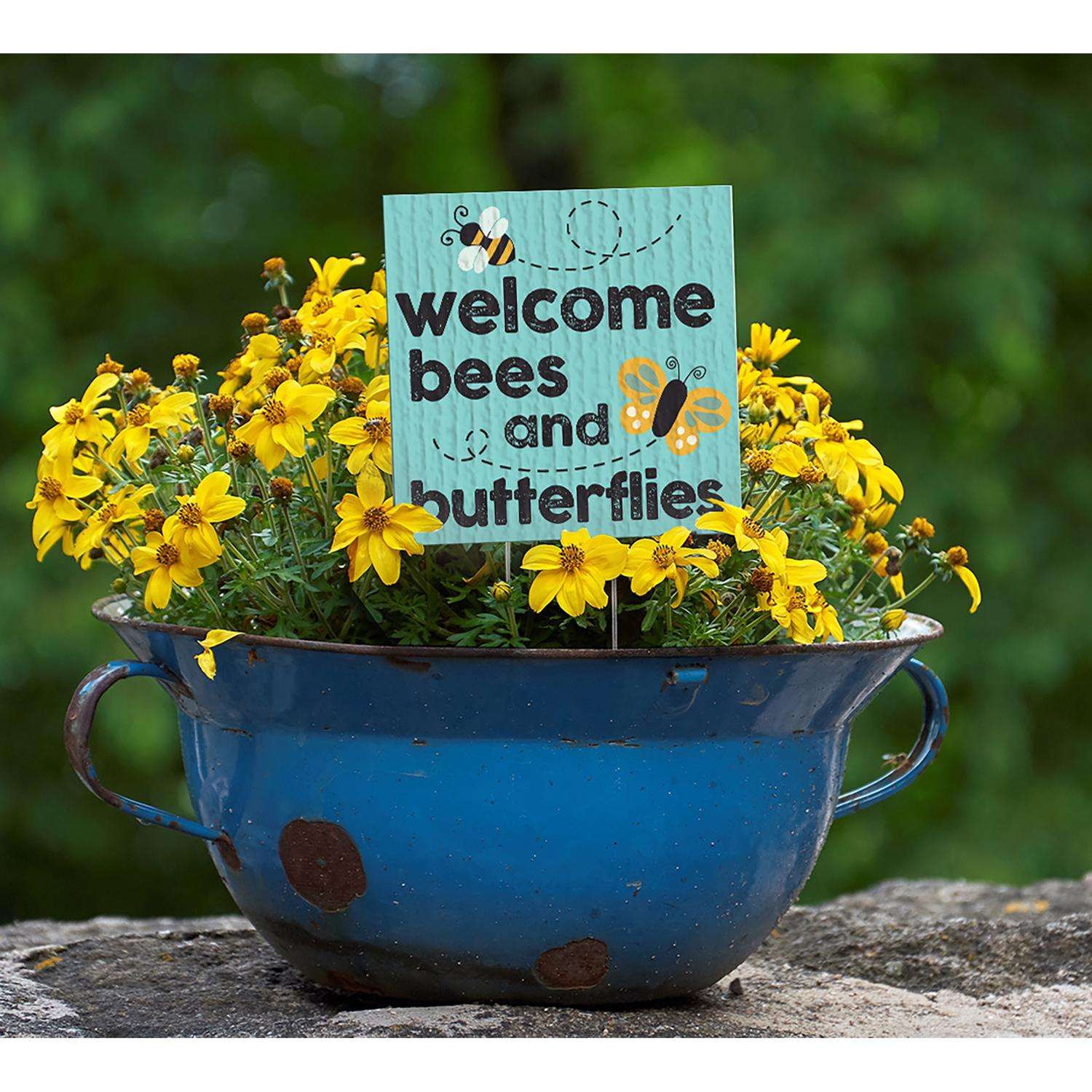  My Word! Multicolored Wood 4 In. H Welcome Bees And Butterflies Plant Pokes
