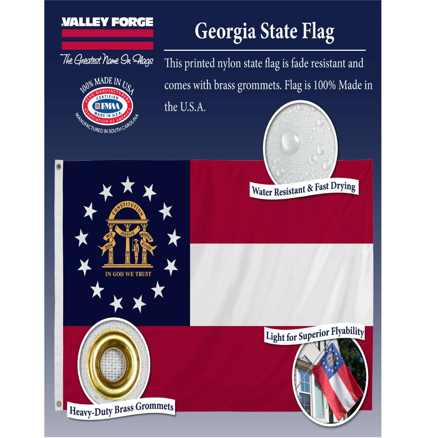  Valley Forge Georgia State Flag 36 In. H X 60 In. W