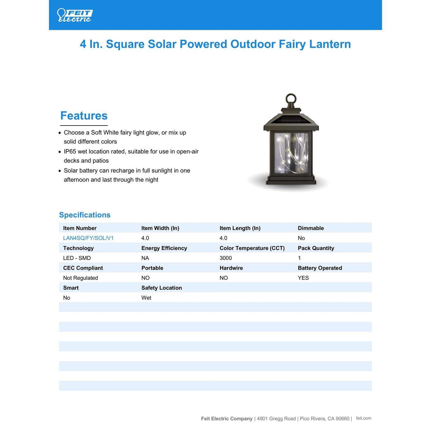  Feit Solar Fixtures 7 In. Solar Power Metal Square Hanging Pathway Light Bronze