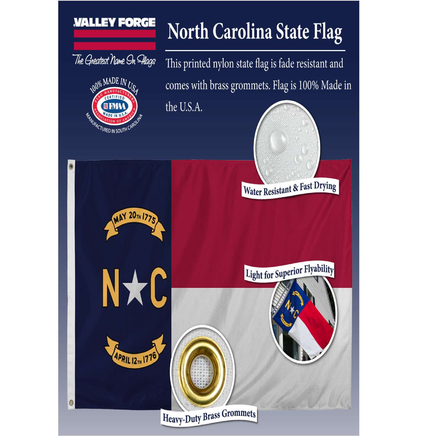  Valley Forge North Carolina State Flag 36 In. H X 60 In. W