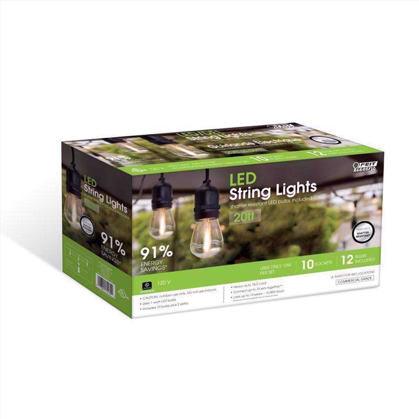  Feit String Lights LED Edison LED Light String Clear 20 Ft. 10 Lights