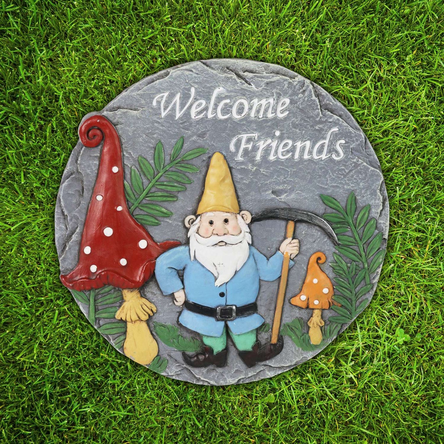  WindyWing Multicolored Resin 1.5 In. H Welcome Friends Gnome Stepping Stone Garden Sign