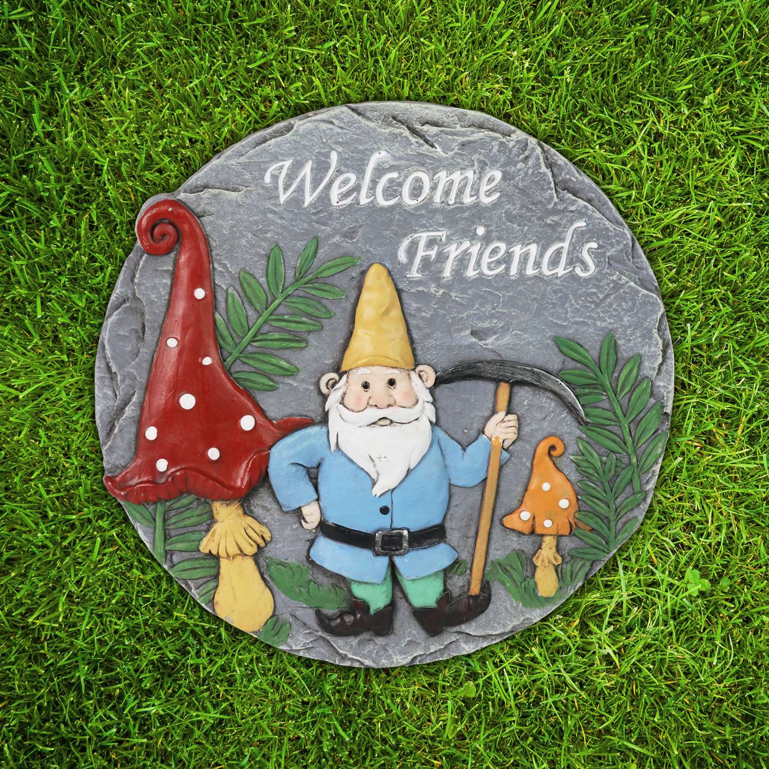  WindyWing Multicolored Resin 1.5 In. H Welcome Friends Gnome Stepping Stone Garden Sign