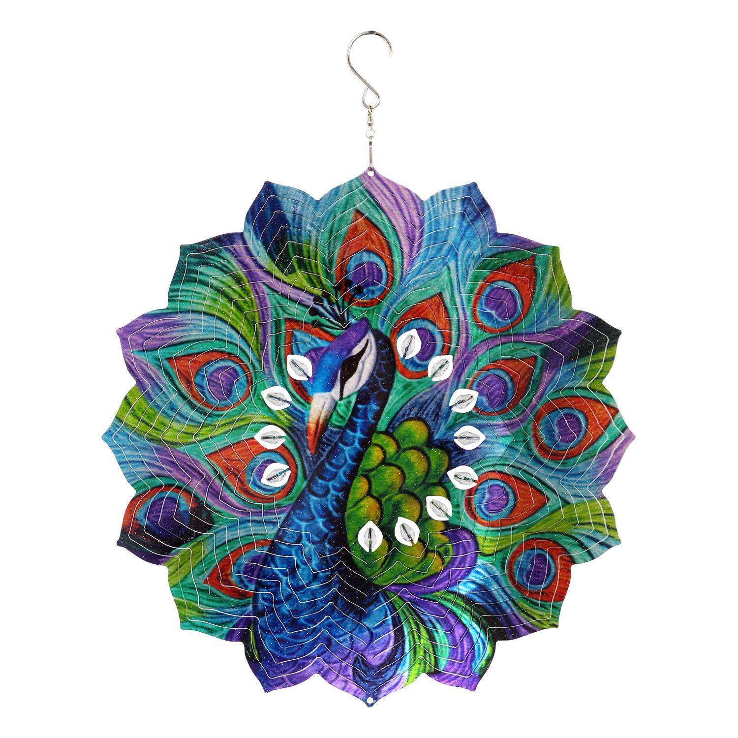  Exhart WindyWings Multicolored Metal 12 In. H Laser Cut Peacock With Bead Details Wind Spinner