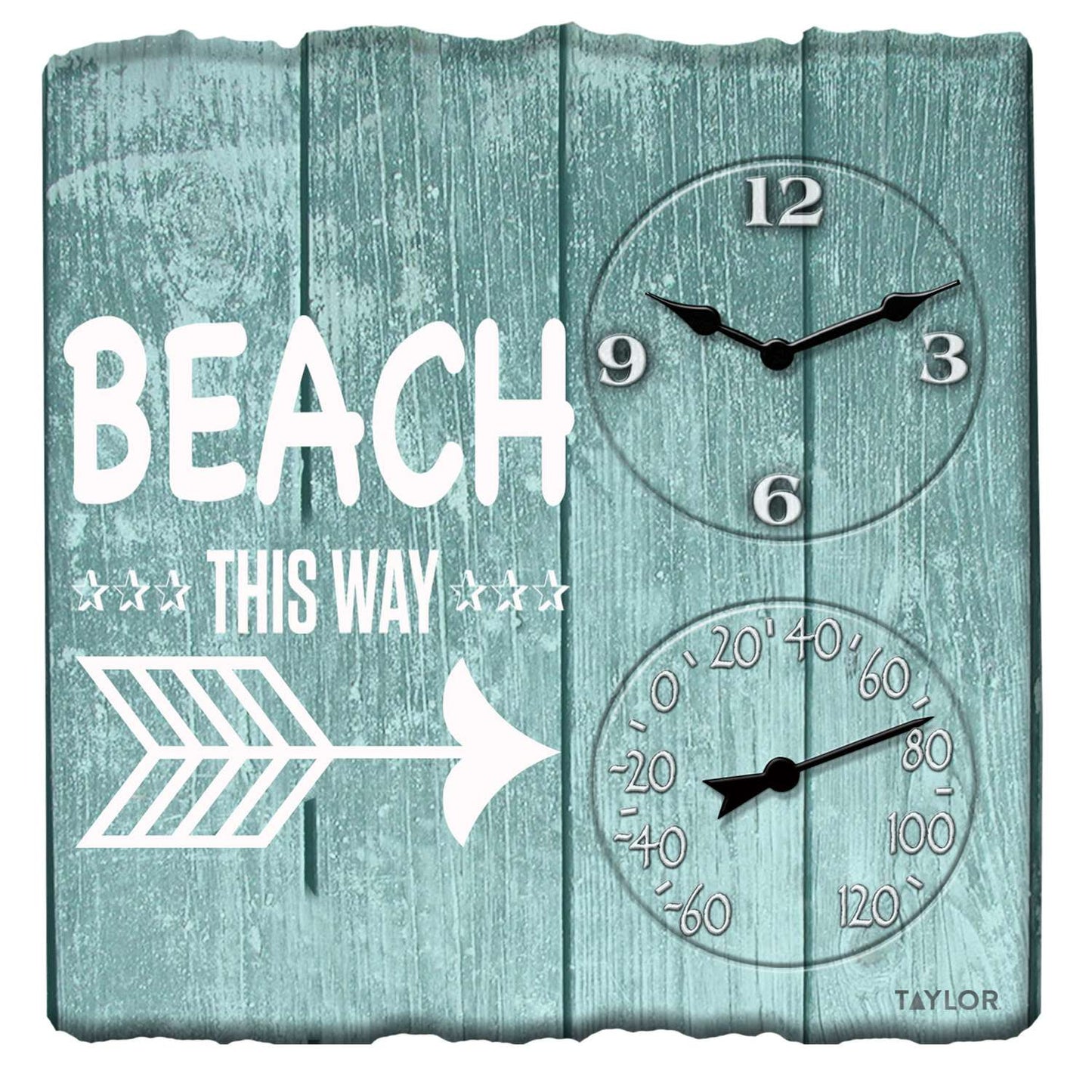  Taylor Beach This Way Clock/Thermometer Polyresin Teal 14 In.