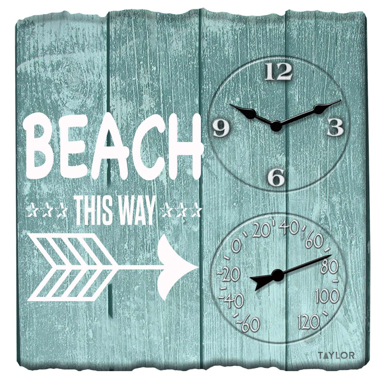  Taylor Beach This Way Clock/Thermometer Polyresin Teal 14 In.