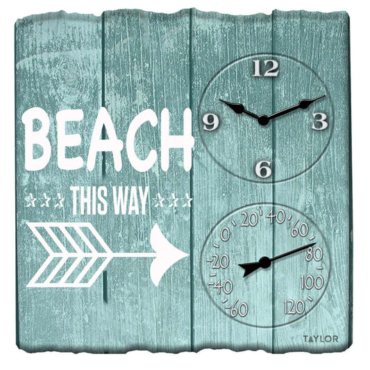  Taylor Beach This Way Clock/Thermometer Polyresin Teal 14 In.