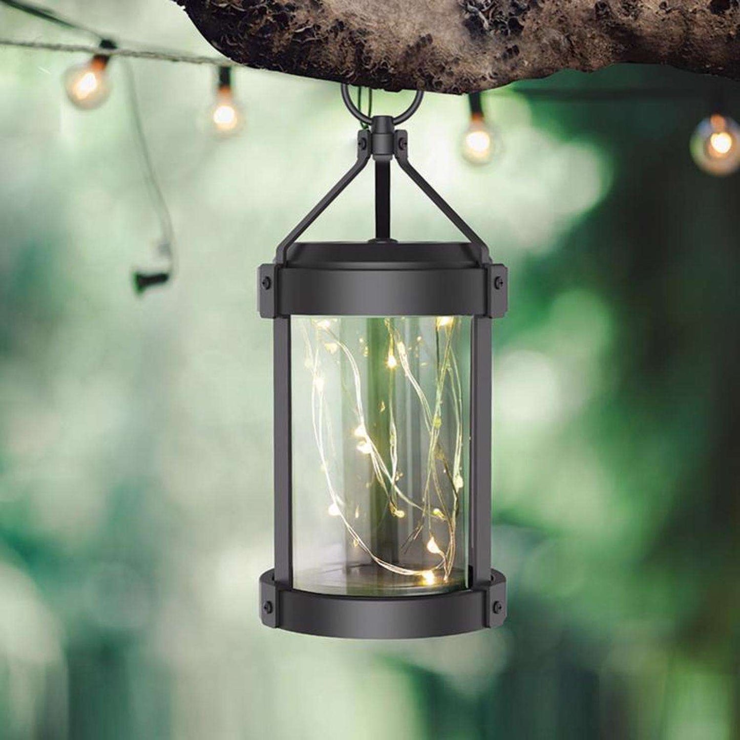  Feit Solar Fixtures 12 In. Solar Power Metal Round Coach Lantern Crackle Jar W/Fairy Lights Black