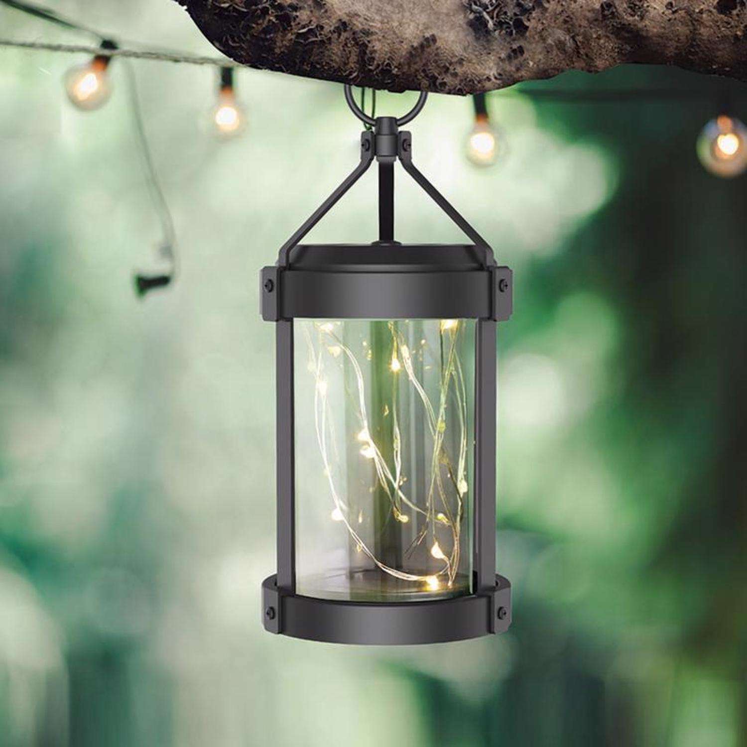  Feit Solar Fixtures 12 In. Solar Power Metal Round Coach Lantern Crackle Jar W/Fairy Lights Black