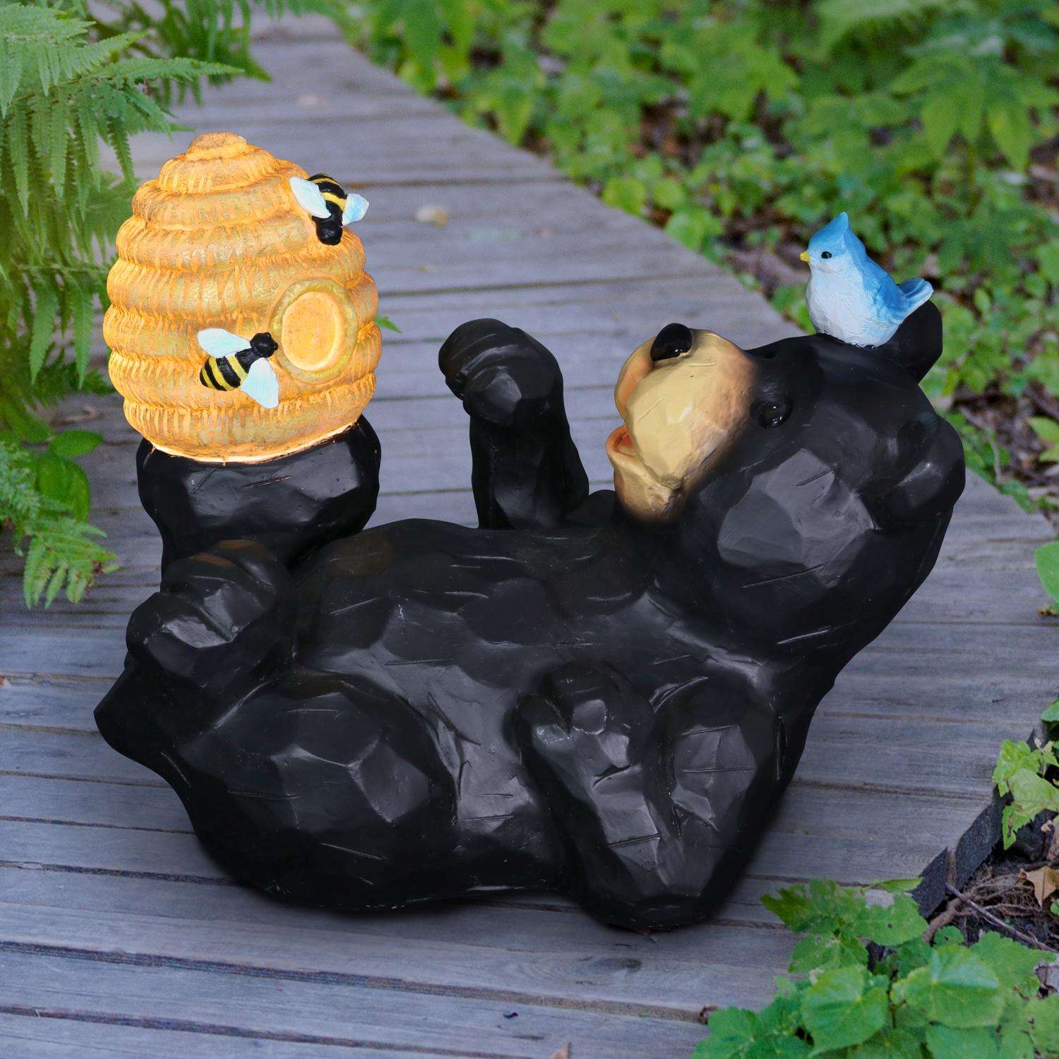  Exhart WindyWings Resin Black/Yellow 7.5 In. Bear Playing With An Illuminating Bee Hive Statue