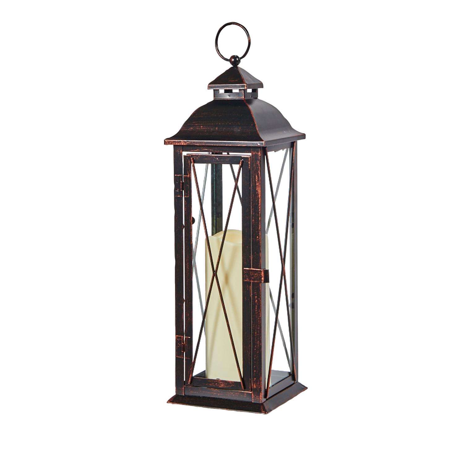  Smart Living 16 In. Glass/Metal Siena LED Candle Lantern Bronze