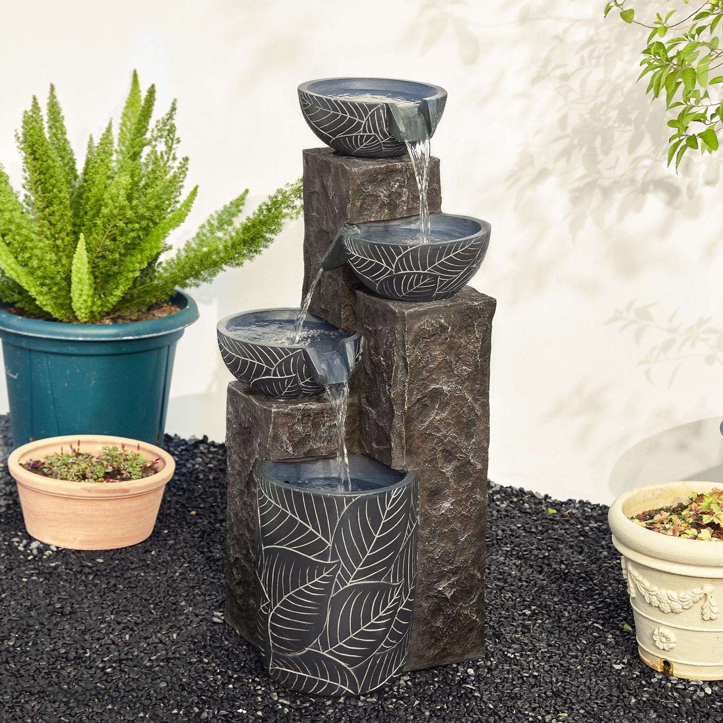  Glitzhome Resin Gray 32.75 In. H Natural Leaf Textured Outdoor Fountain