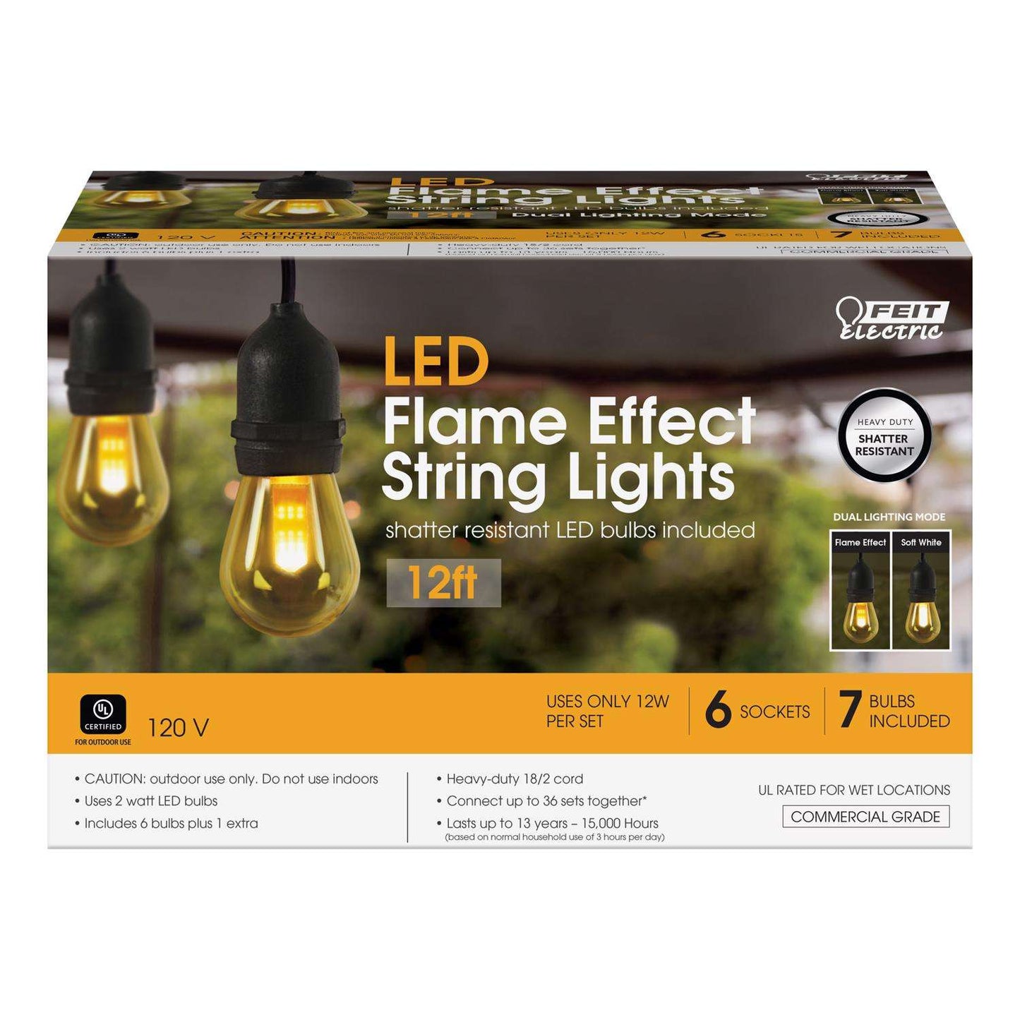  Feit String Lights LED Flame Bulb String Lights Amber 12 Ft. 6 Lights