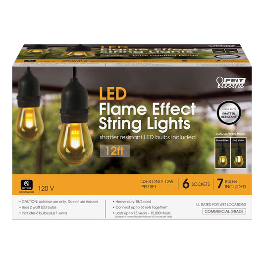  Feit String Lights LED Flame Bulb String Lights Amber 12 Ft. 6 Lights