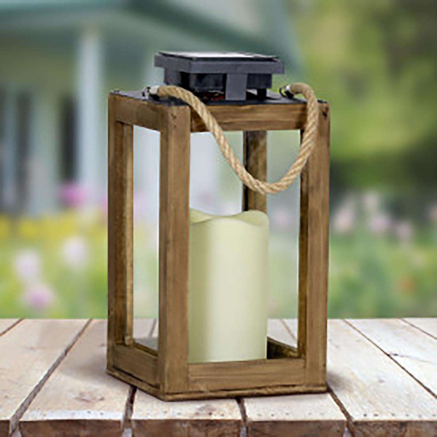  Exhart 11 In. Solar Power Glass/Wood Solar Lantern With Candle Black/Brown