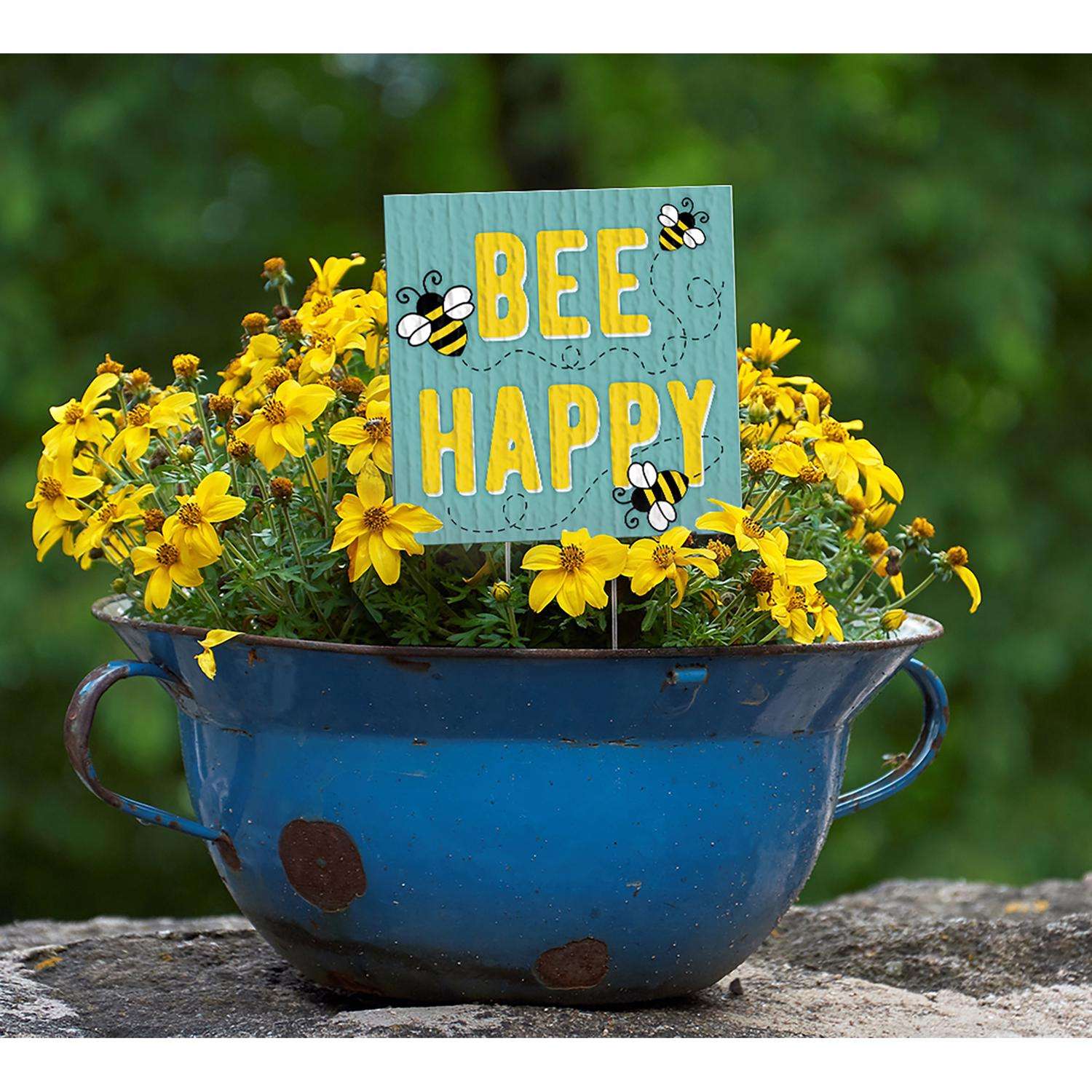  My Word! Multicolored Wood 4 In. H Bee Happy Plant Pokes
