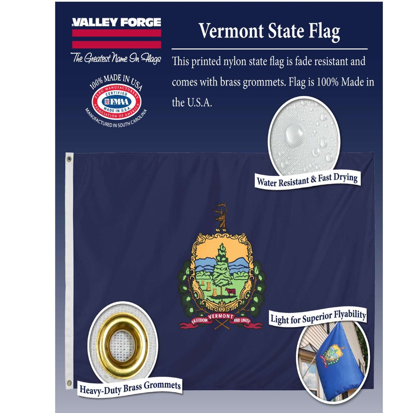  Valley Forge Vermont State Flag 36 In. H X 60 In. W